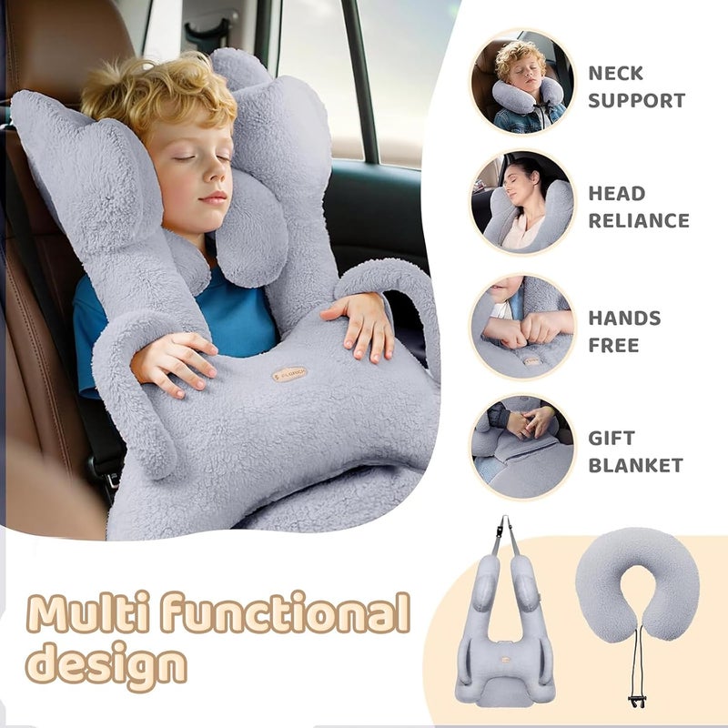 FLORICH Kids Travel Pillow, Car Sleeping Travel Pillow for Kids, Removable H-Shaped Pillow for Adults and Children to Support Head and Body Road Trips with Neck Pillow and Blanket (Grey) - Image 4
